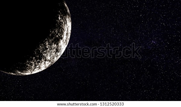 Illustration of dark world\
crescent moon on dark night black and purple space sky background\
with stars