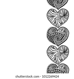 Illustration Of Decorative Vertical Border From Black Hand Drawing Hearts On White Background. Coloring Page Book Border From Doodle Hearts. Anti Stress For Adult