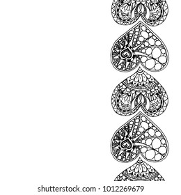 Illustration Of Decorative Vertical Border From Black Hand Drawing Hearts On White Background. Coloring Page Book Border From Doodle Hearts. Anti Stress For Adult