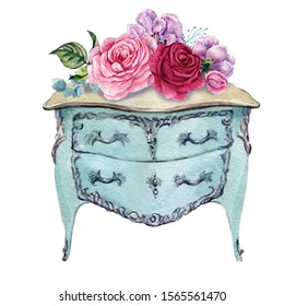 Illustration of a delicate rose and a beautiful chest of drawers in baroque style
