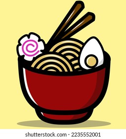 illustration of delicious and healthy Japanese ramen noodles. Topped with eggs and Naruto.