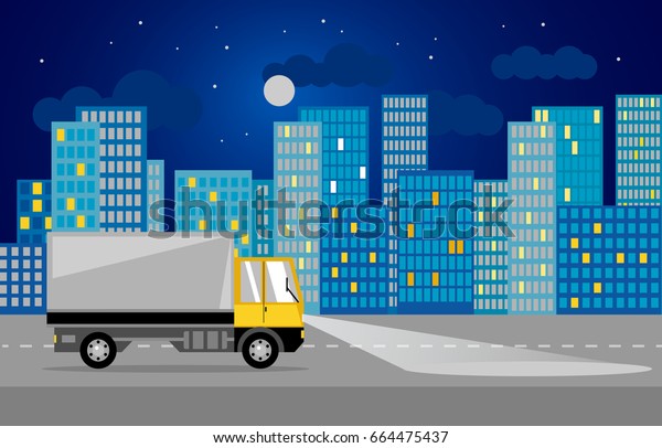 Illustration of delivery process. Trucks drive in\
urban landscape. Flat style. Good for advertisement, banners,\
posters and\
cards.
