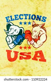 Illustration Of A Democrat Donkey Mascot Of The Democratic Grand Old Party Gop And Republican Elephant Boxer Boxing With Gloves Set Inside Circle Done In Retro Style With Words Elections Usa