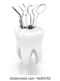 Illustration of dental tools in the white tooth
