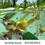 An illustration depicting a cycle of life in a lake during Devonian Period (419 to 358 million years ago). The small Trilobites are preyed upon by the Eurypterids, who are eaten by the Dunkleosteus. 