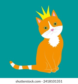 
Illustration depicting a ginger cat in a crown, with green eyes on a turquoise background - Powered by Shutterstock