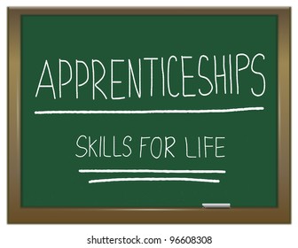 Illustration depicting a green chalkboard with  APPRENTICESHIP SKILLS FOR LIFE written on it in white.