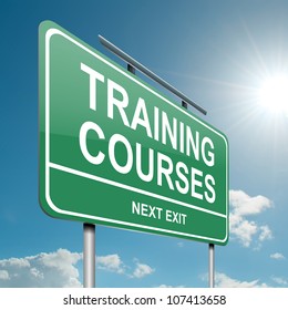 Illustration depicting a green roadsign with a training courses concept. Blue sky background.