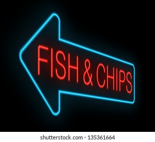Illustration depicting an illuminated neon fish and chips sign with black background.