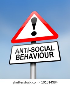 Illustration Depicting A Red And White Triangular Warning Sign With A Anti Social Behaviour Concept. Blurred Sky Background.