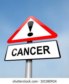 Illustration depicting a red and white triangular warning sign with a cancer warning concept. Blurred sky background.