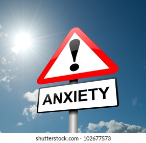 Illustration depicting a red and white triangular warning sign with an 'anxiety' concept. Sky background.