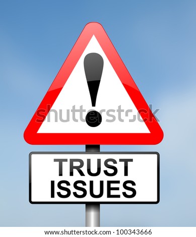 Illustration depicting red and white triangular warning road sign with a trust concept. Blue blurred background.