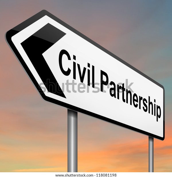 Illustration depicting a roadsign with a
civil partnership concept. Vibrant sky
background.