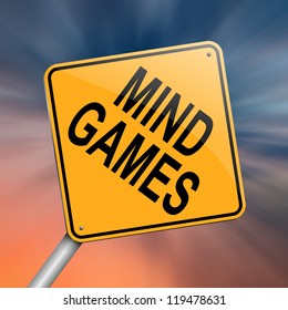 Illustration Depicting A Roadsign With A Mind Games Concept. Abstract Background.