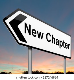 Illustration Depicting A Roadsign With A New Chapter Concept. Dawn Sky Background.