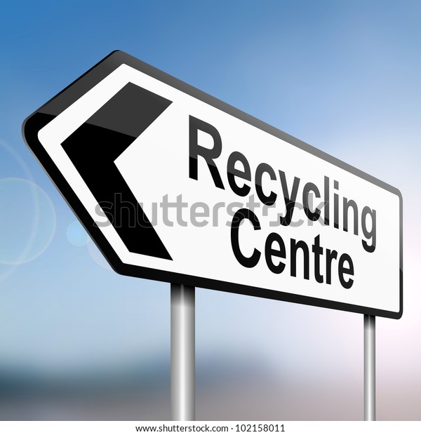 illustration depicting a\
sign post with directional arrow containing a recycle concept.\
Blurred\
background.