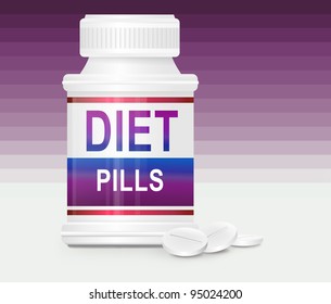 Illustration depicting a single medication container with the words 'diet pills' on the front with purple gradient stripe background and a few tablets in the foreground.