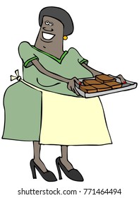 Illustration Depicts A Black Woman Wearing An Apron Holding A Tray Full Of Chocolate Brownies.