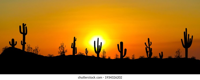 Illustration of a desert landscape with silhouettes of cacti against an orange sunset sky