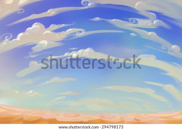 イラスト さまざまな組み合わせの砂漠の景色 白い雲 青い空 砂 奇妙な石の柱 幻想的なリアルな漫画スタイル 壁紙の背景シーンデザイン のイラスト素材