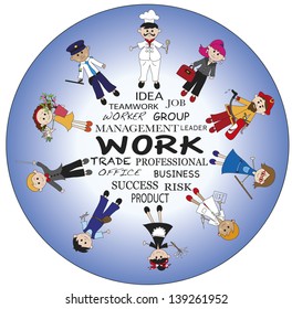illustration with different worker in blue background