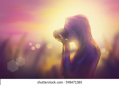 Illustration digital art painting, woman holding camera and taking photograph outdoor, beautiful sunset background scene. Glow light effect, silhouetted, bokeh, vintage style tone, blur foreground.  - Powered by Shutterstock