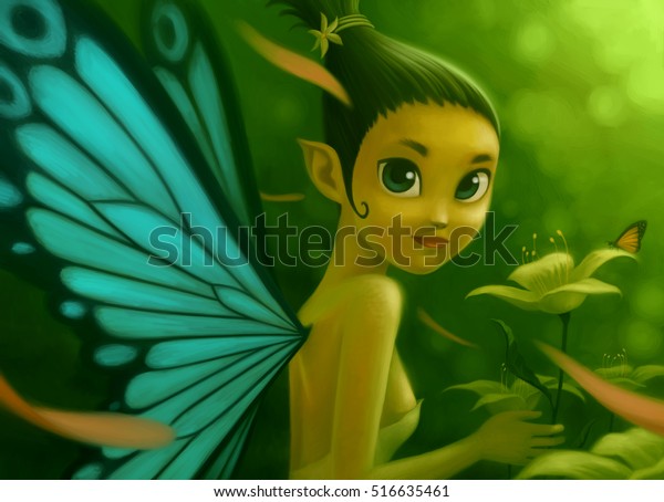 イラストのデジタルペイント コンセプトアート 美しい妖精と花 若い妖精の女の子 フェイの青い蝶の羽 深い緑の森の中のフェー ファンタジーの想像 の イラスト素材