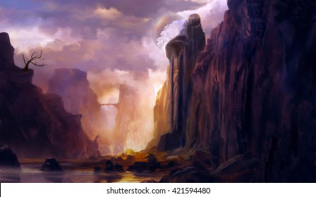 Illustration of digital painting, landscape where it is observed big mountains, rocks and trees  with a lake in the center and a sky of many clouds concept with fantasy