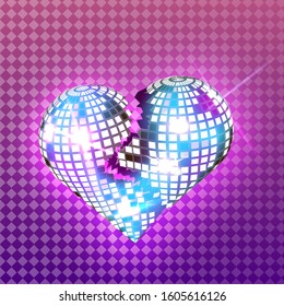 illustration of a disco ball in the form of a broken heart on a background of ultraviolet space.