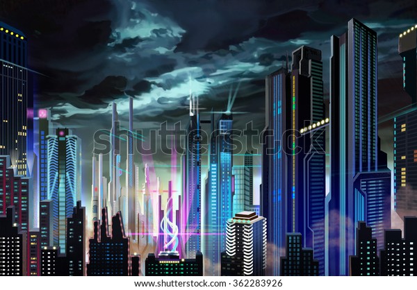 イラスト 暗く未来的な暗い都市 リアルなマンガ風のアートワークシーン 壁紙 ゲームストーリーの背景 カードデザイン のイラスト素材