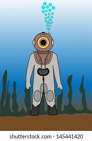 illustration diver in an old diving suit