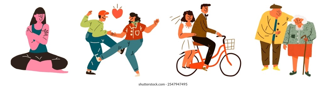 Illustration of diverse couples: a woman meditating, a couple dancing, a couple biking, and an elderly couple walking. Diverse, joyful, active, togetherness. Valentine's Day illustrations isolated. - Powered by Shutterstock