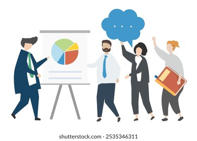 Illustration of diverse group in business attire, discussing a pie chart. Teamwork, collaboration, and communication in a business setting. Teamwork and business growth. - Powered by Shutterstock