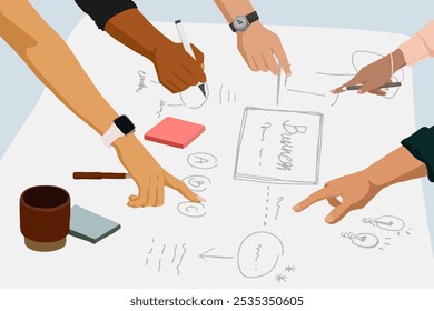 Illustration of diverse hands collaborating on a project. Hands of different ethnicities point and write on a paper in business meeting, brainstorming, teamwork and business growth. - Powered by Shutterstock