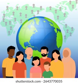 An illustration of diverse people standing in front of a globe, symbolizing global population awareness. The background shows a world map with human icons representing population distribution across c