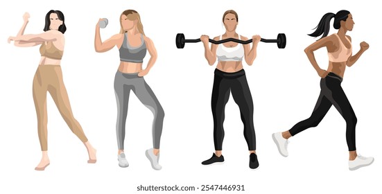 Illustration of diverse women exercising. Women stretching, lifting weights, and running. Fitness, exercise, and strength depicted in active poses. Wellness illustrations isolated on white. - Powered by Shutterstock