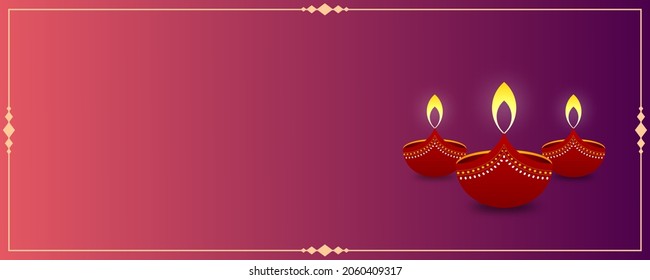 Illustration Of Diwali Background With Three Beautiful Burning Lamps, As Well As A Beautiful Border In The Background.