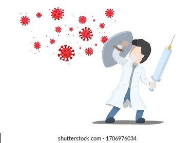 Illustration Of Doctor Holding Shield And Syringe Fighting Covid-19 Virus