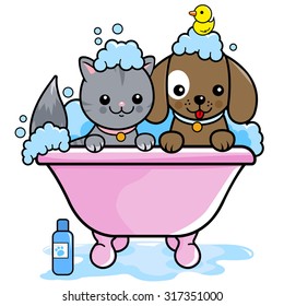 Illustration Of A Dog And A Cat In A Tub Taking A Bubble Bath.