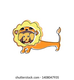 Illustration. A Dog Dressed As A Lion. Dachshund. Halloween Costumes. Fancy Dresses. 