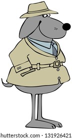 Illustration Of A Dog Standing Upright And Wearing A Tan Trench Coat And Hat.