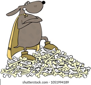 Illustration of a dog wearing a cape standing triumphantly on top of a pile of bones.