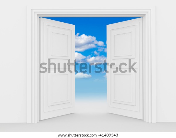 青い空と雲の両開きのドアのイラスト のイラスト素材