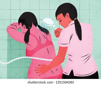 Illustration Of A Doula Assisting A Woman Give Birth While Washing Her Back