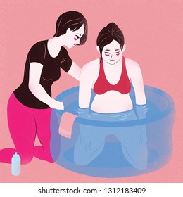 Illustration Of A Doula Helping A Woman Give Birth In Water