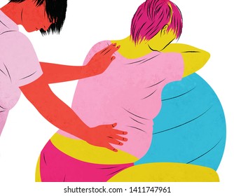 Illustration Of A Doula Helping A Woman Give Birth