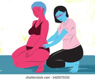 Illustration Of A Doula Helping A Woman Give Birth