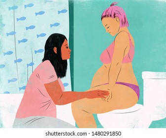 Illustration Of A Doula Helping A Woman Give Birth In A Bathroom