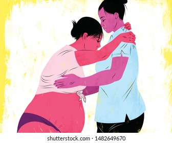 Illustration Of A Doula Supporting A Mother In Labor